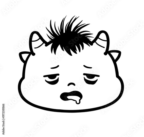 Exhausted little monster with dark circles under eyes
Very tired baby ogre with messy hair and drool, funny vector