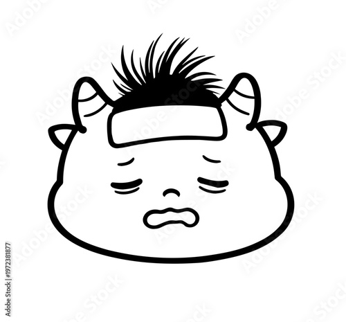 Little monster with high fever wearing a cooling gel sheet, monochrome line art