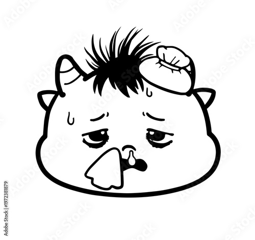 Sick little monster with a fever and runny nose
Cute baby ogre catching a cold, holding tissue with ice pack