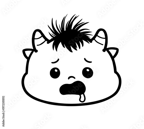 Stunned sick little monster drooling with exhaustion, monochrome line art