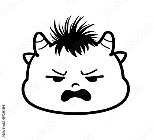 Angry little monster with a grumpy face, monochrome line art