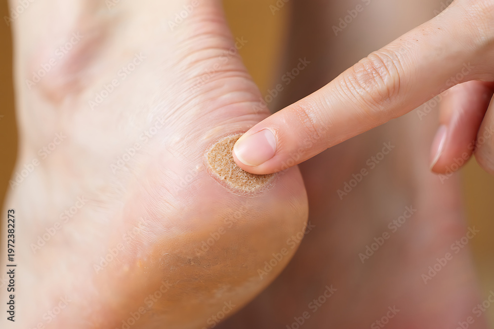 Naklejka premium Close up of a finger touching a callus on a human heel foot skin