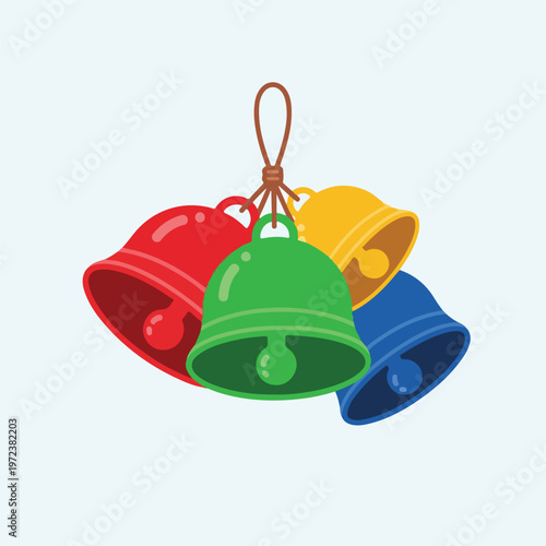 Colorful bells hanging together outdoors.