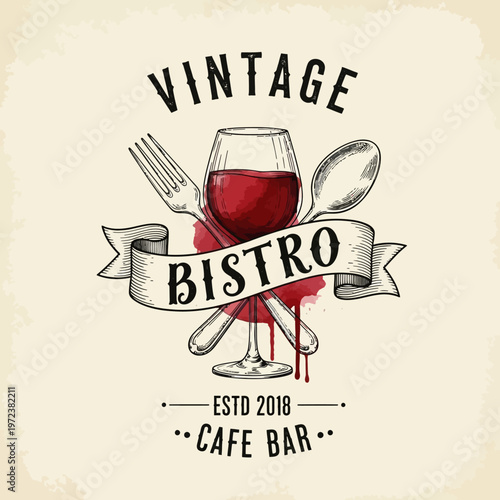 A vintage bistro logo featuring a wine glass, fork, spoon, and ribbon with the text "BISTRO" and "ESTD 2018 CAFE BAR" on a textured background.
