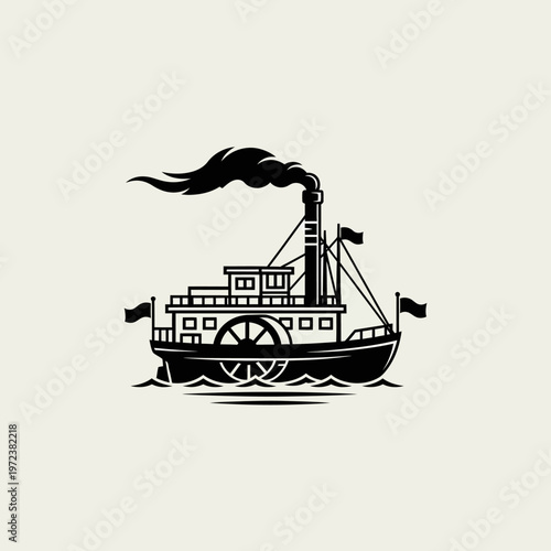 A vintage black and white illustration of a paddlewheel steamboat emitting smoke from its smokestack, sailing on water.