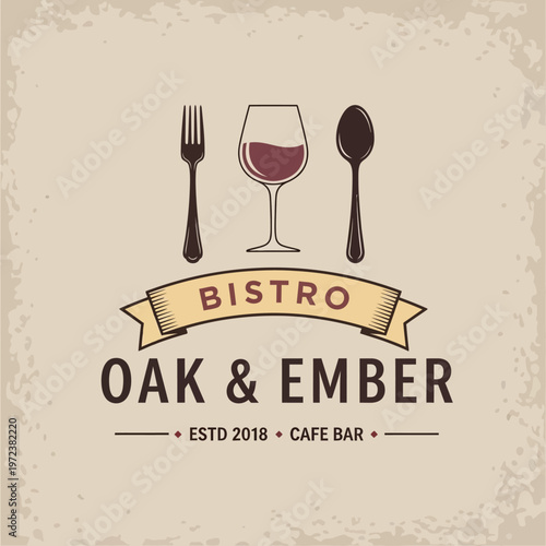 Oak & Ember Bistro Logo featuring a fork, wine glass, and spoon above the establishment's name and founding year.