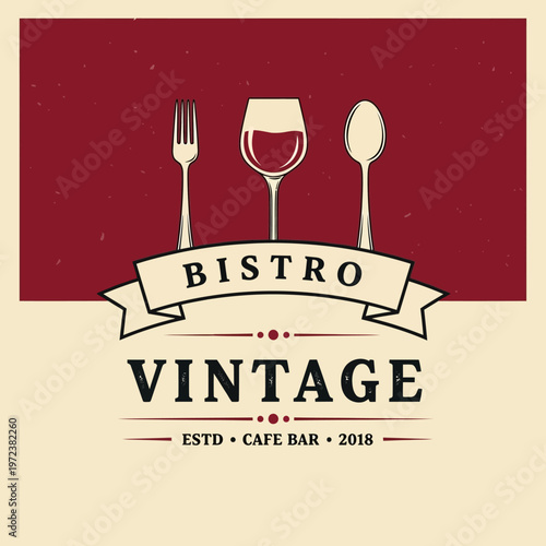 A vintage bistro logo featuring a fork, wine glass, and spoon above the words "Bistro Vintage" and "ESTD CAFE BAR 2018".