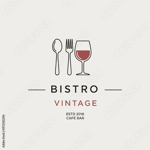 Minimalist logo design for "Bistro Vintage" featuring a spoon, fork, and a glass of red wine, with establishment details.