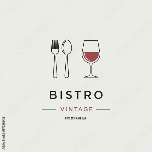 Minimalist logo design for a vintage bistro featuring a fork, spoon, and a glass of red wine.