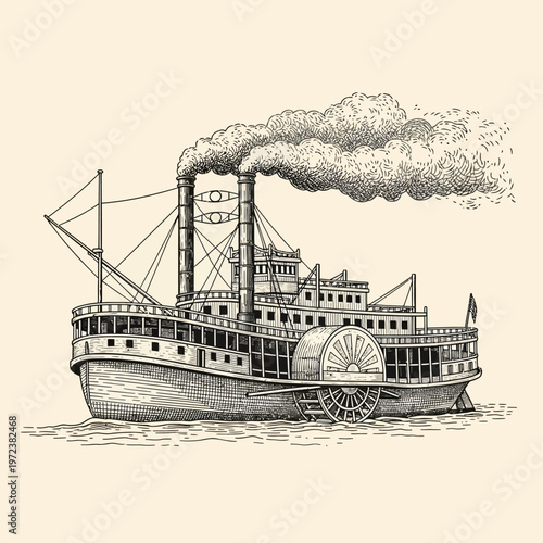 An intricately detailed black and white illustration of a vintage paddlewheel steamboat sailing on calm water, emitting thick plumes of smoke from its twin smokestacks.