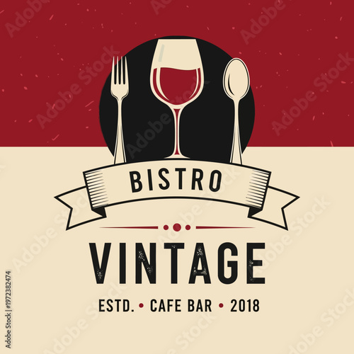 Vintage Bistro Cafe Bar Logo with Wine Glass, Fork, and Spoon.