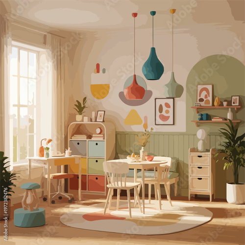 Colorful hanging lamp shades indoors.