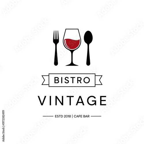 A vintage bistro logo featuring a wine glass, fork, and spoon, with the text "BISTRO VINTAGE ESTD 2018 | CAFE BAR".