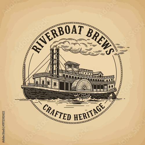 Vintage illustration of a steamboat with "Riverboat Brews Crafted Heritage" text, evoking a sense of history and tradition.
