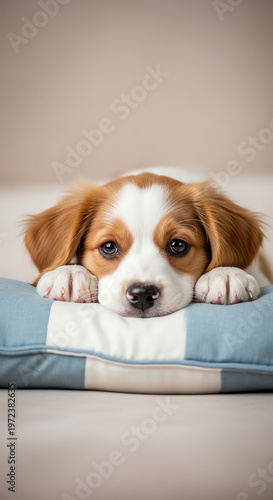 Cute brown and white puppy resting head on a blue and white cushion with a gentle expression.