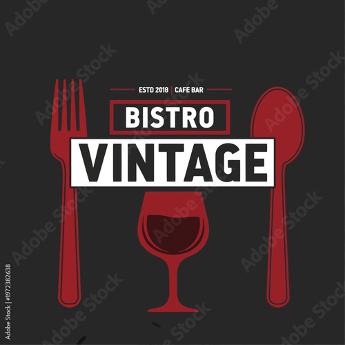Retro Bistro Vintage Cafe Bar Logo with Fork, Spoon, and Wine Glass on a Dark Background.