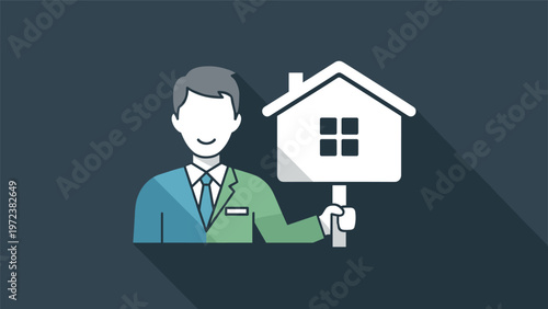 Flat Design Illustration of a Real Estate Agent Presenting a House Icon, Representing Property Sales, Home Finding, and Broker Services