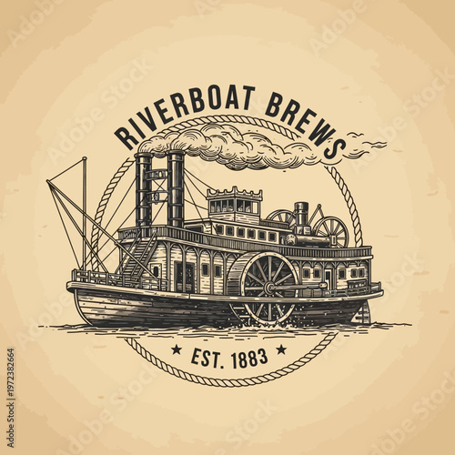 Vintage illustration of a steamboat with 'Riverboat Brews Est. 1883' text, evoking a sense of history and craft beverages.