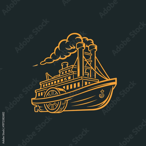 Vintage paddlewheel steamboat illustration with smoke billowing from its smokestacks, set against a dark background.