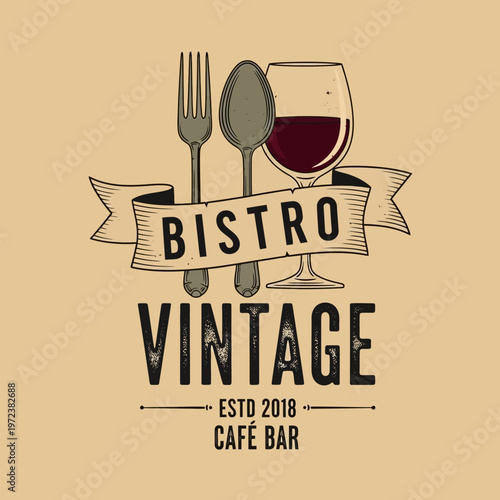 A vintage bistro logo featuring a fork, spoon, and a glass of red wine, with the text "BISTRO VINTAGE ESTD 2018 CAFÉ BAR" on a beige background.