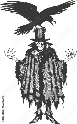 dark gothic skeletal figure in tattered cloak with top hat and crow perched on head, eerie supernatural character