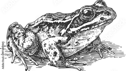 Detailed black and white illustration of a frog in vintage engraving style, amphibian close up side view