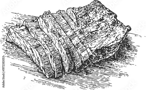 Sliced roast beef on wooden surface, detailed vintage engraved illustration of cooked meat