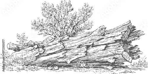 Detailed vintage illustration of a fallen tree log with branches and small bushes in natural forest setting