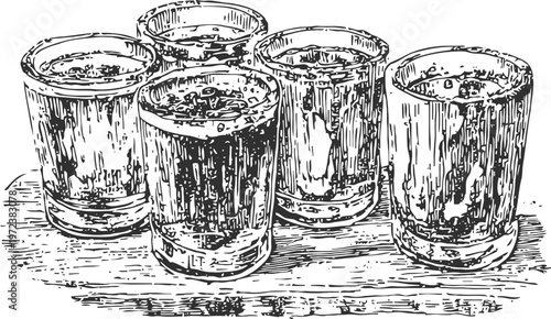 Five drinking glasses filled with liquid on a wooden surface illustration in vintage engraving