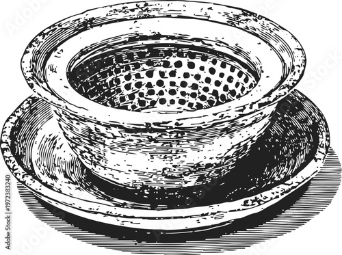 Vintage tea strainer and saucer illustration hand drawn kitchen utensil for brewing loose leaf tea