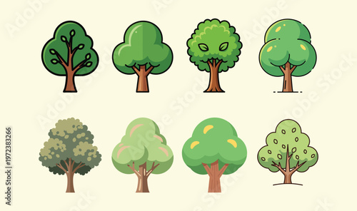A diverse collection of stylized cartoon tree illustrations, featuring various shapes and foliage types, perfect for creative game design, web graphics, or nature-themed digital projects