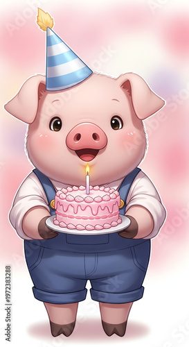 Illustration of a cheerful pig wearing a party hat and overalls holding a pink birthday cake with a lit candle in front of a colorful background.