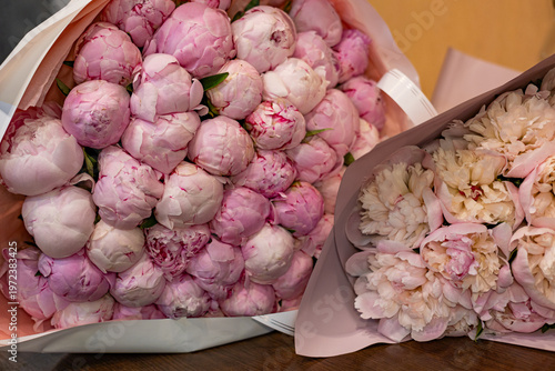 Pink beautiful peony flowers bouquet closeup
