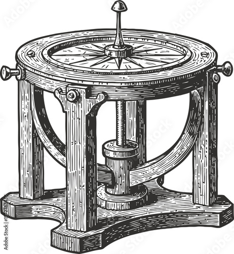 Antique wooden compass table with intricate engravings and rotating pointer on sturdy legs