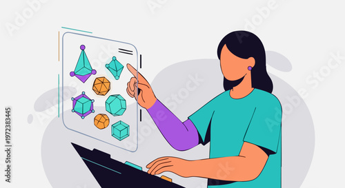 Graphic designer working with digital three dimensional geometric shapes