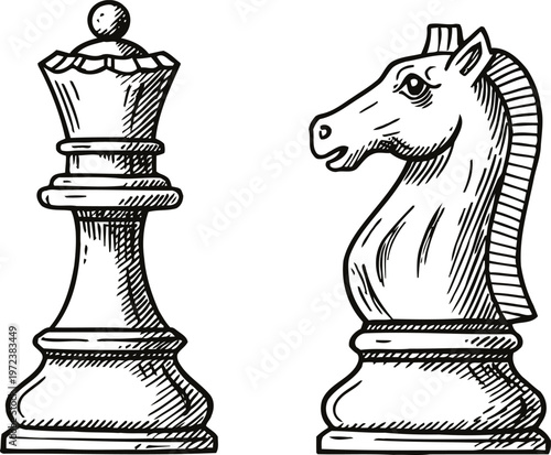 hand drawn queen and knight chess pieces isolated classic chessboard game strategy and competition symbols