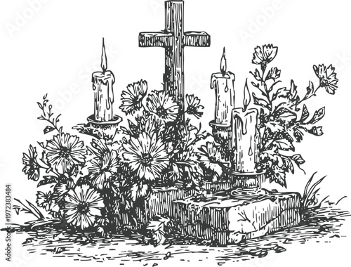 Hand drawn grave illustration with cross, candles, and flowers memorial, remembrance and tribute concept
