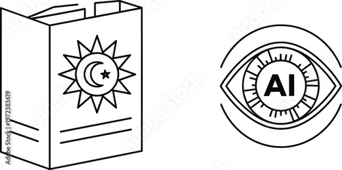 Astrology book with sun and moon symbol alongside artificial intelligence eye icon, fusion of mysticism and modern technology, outline vector illustration concept