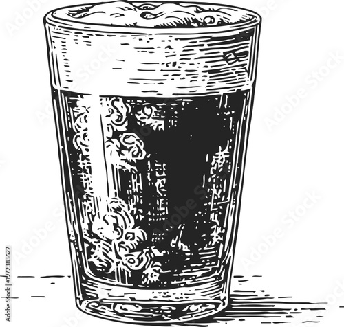 Foamy cold beer in transparent glass with bubbles and frothy head, refreshing drink illustration