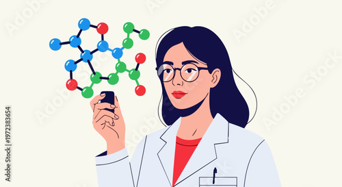 Female scientist examining a complex colorful molecular structure graphic