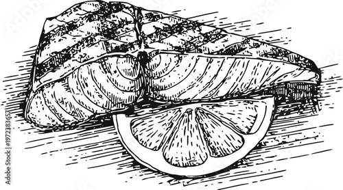Grilled salmon steak with lemon slice, hand drawn seafood illustration