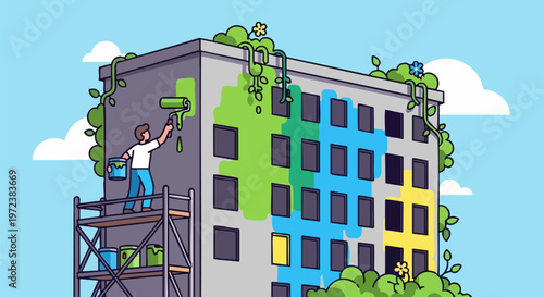 Illustrative design of man painting building for eco renovation