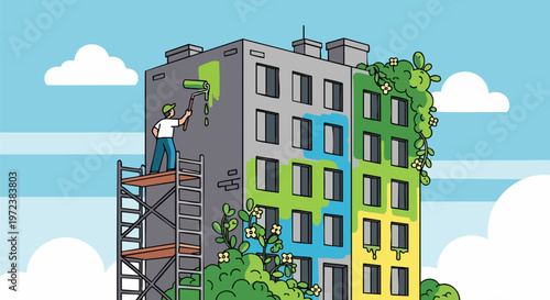 Worker painting a grey apartment building with green colors