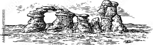 natural rock formation with stone arch and pillars in desert landscape vintage engraving