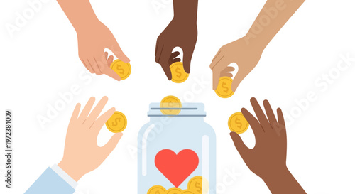 Diverse hands putting coins into jar.