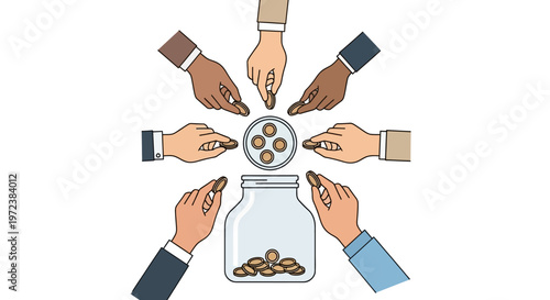 Diverse hands putting coins into jar.