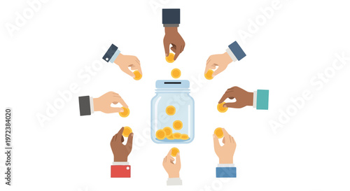 Diverse hands putting coins into jar.