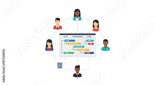 Diverse team around flowchart diagram.