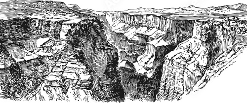 canyon landscape sketch with deep cliffs and rugged rocky terrain panoramic view