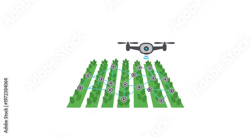 Drone flying over green crops field.